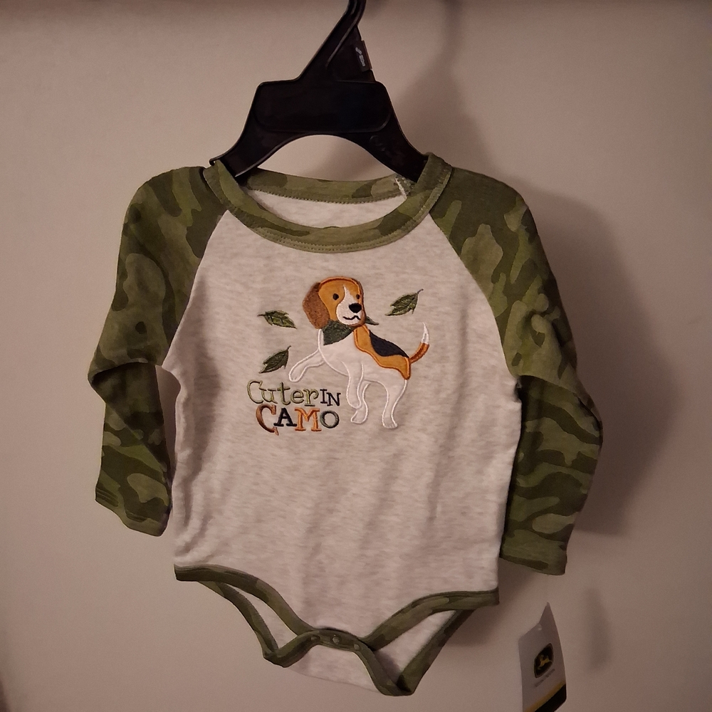 John Deere Camo Green and Grey Baby One Piece 6/9 Months